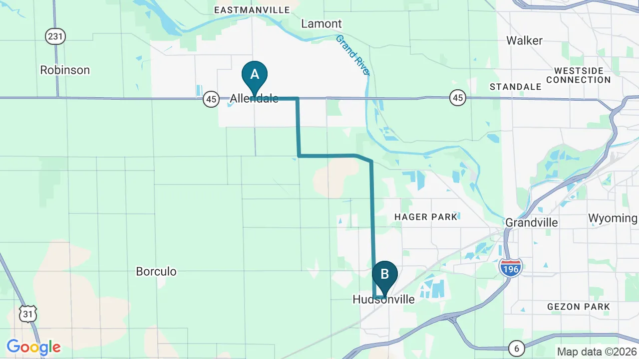 Driving directions map from Allendale, MI to Carlisle Spine And Wellness in Carl Isle