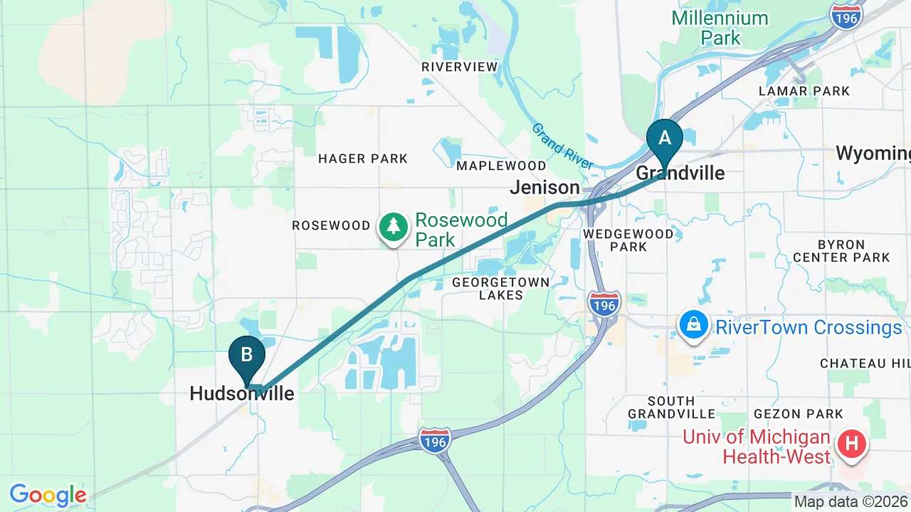 Driving directions map from Grandville, MI to Carlisle Spine And Wellness in Carl Isle