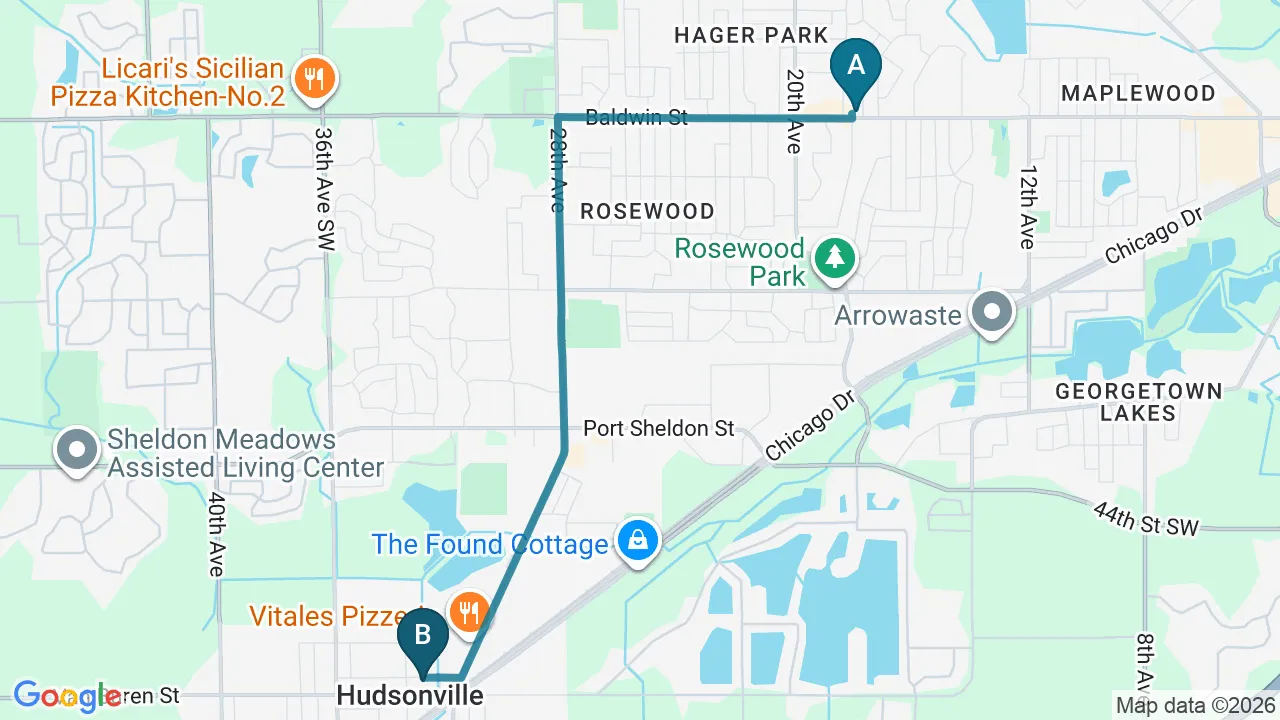 Driving directions map from Jenison, MI to Carlisle Spine And Wellness in Carl Isle
