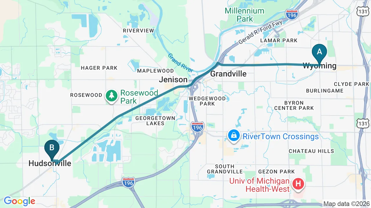 Driving directions map from Wyoming, MI to Carlisle Spine And Wellness in Carl Isle