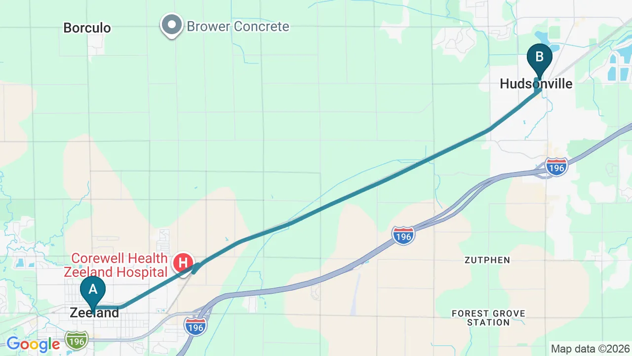 Driving directions map from Zeeland, MI to Carlisle Spine And Wellness in Carl Isle